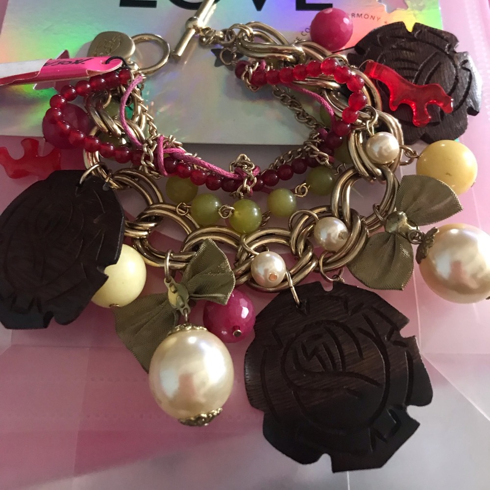 Vintage Wooden carved rose charm bracelet Betsey Johnson sea nautical mermaid